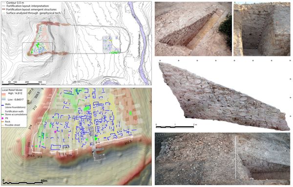 Left# Contour map with the proposed delimitation of the Iliturgi oppidum in Cerro de la Muela and interpretation after the geophysical survey. Detail of the southern area of ​​the oppidum’s acropolis and location of the excavated bastion. Right# Images of the state of conservation of the defensive system (wall and bastion).